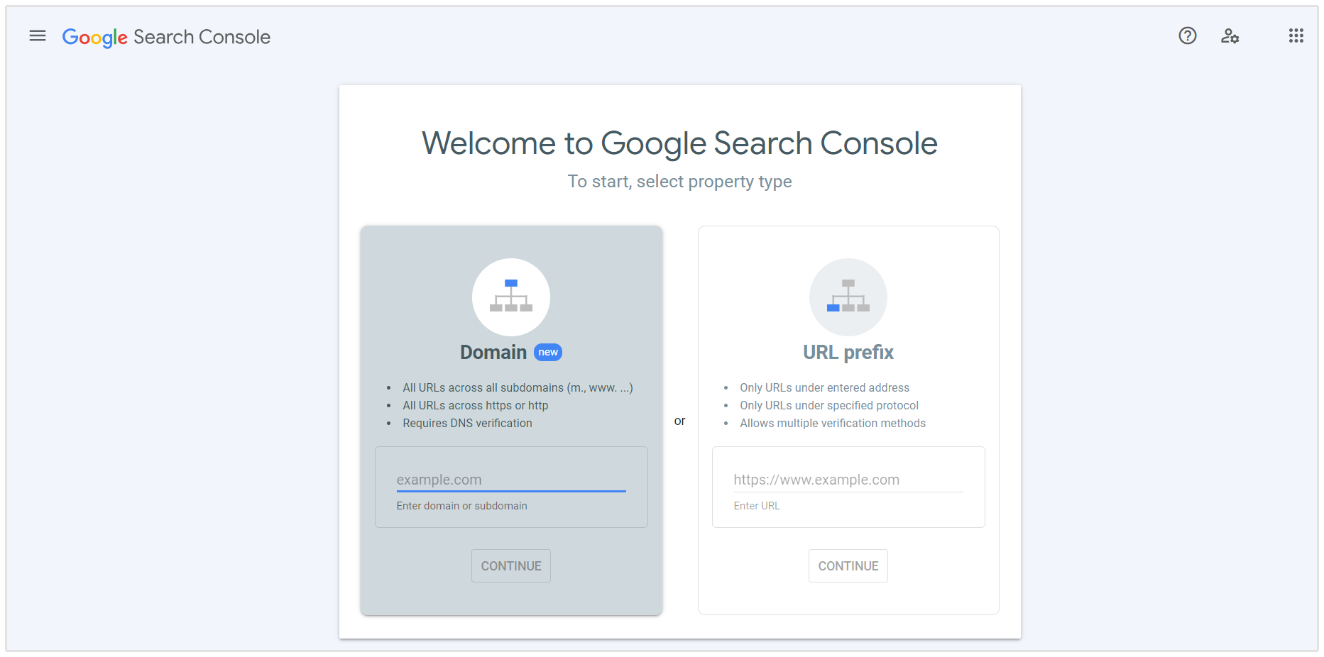 Selecteer eigendomstype in Google Search Console